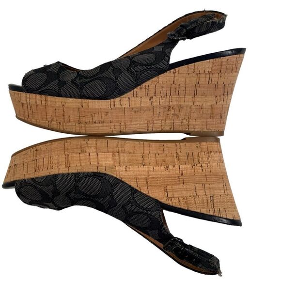 Coach Ferry Wedge Jacquard Monogram Black/Smoke/Black Cork Shoes - Picture 5 of 16